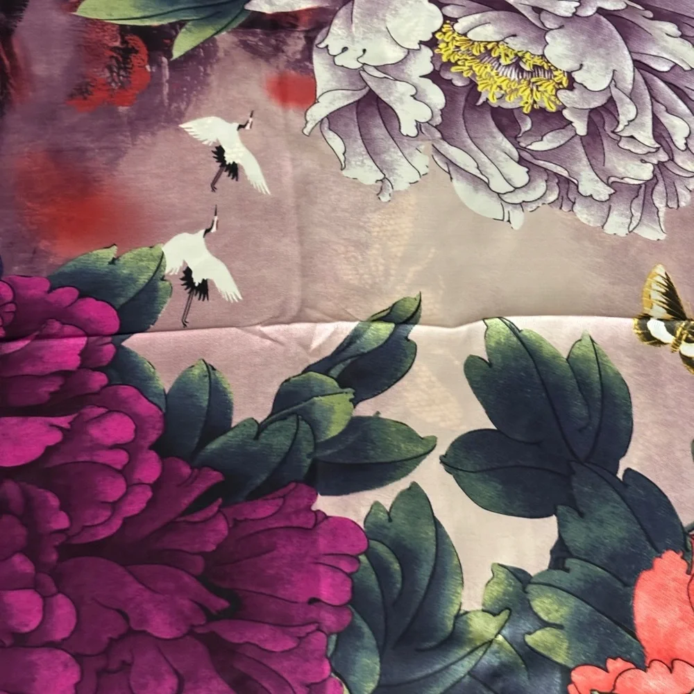 Floral Silk Scarf with Orange Border - Picture 4 of 7